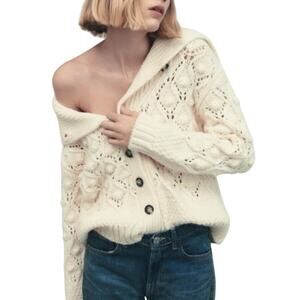 Zara Chunky Knit Sweater Button Front Cardigan Off White/Cream Womens Sz Medium